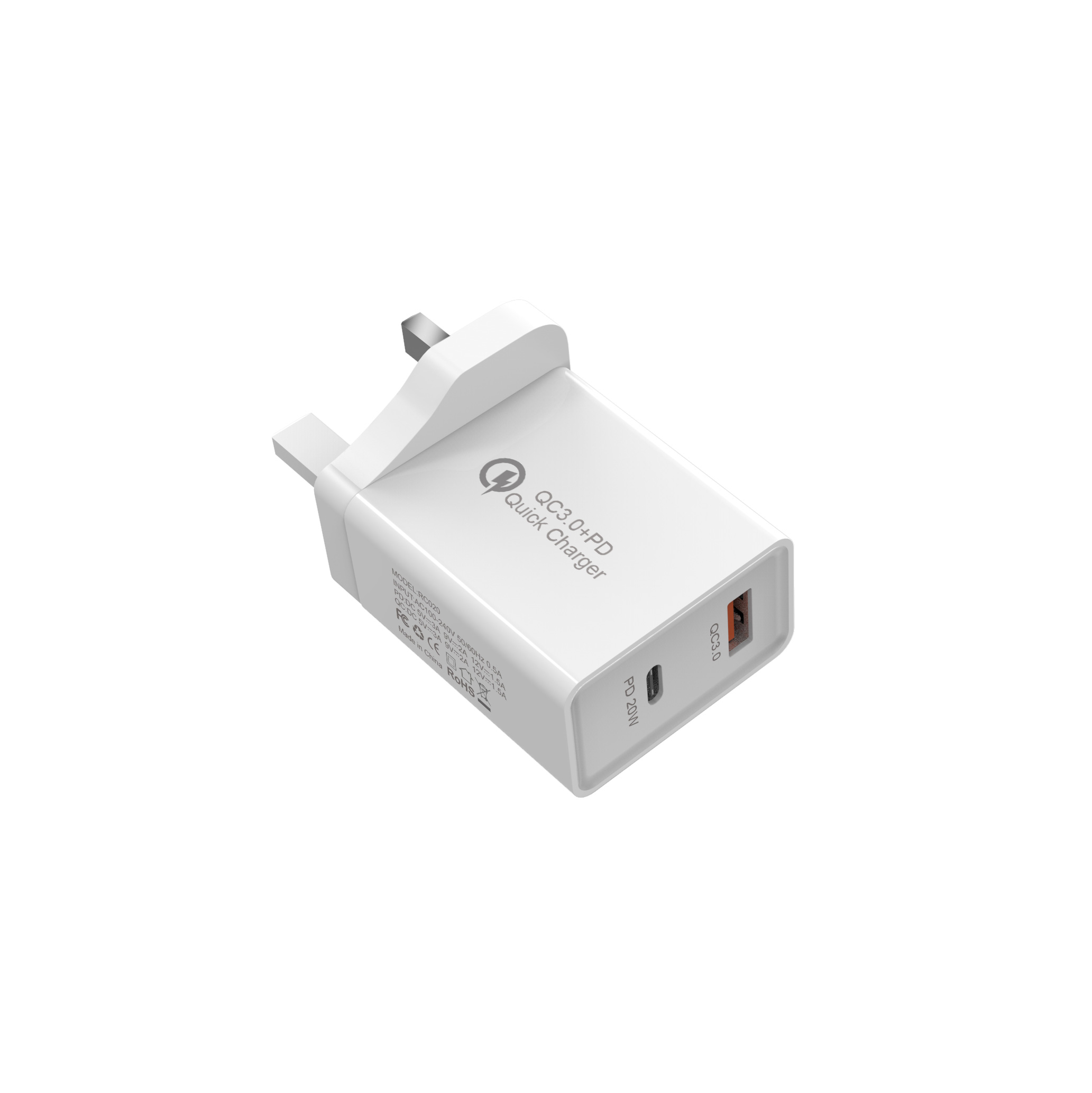 20W PD+QC3.0 Wall charger 2Port Fast Charging Adapter with PD&QC3.0