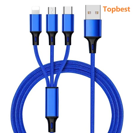 3 in1 USB charging cable 1.2meter length Nylon braided USB to Lightning+Type C+Micro 3in1,2A-1.2M ,CE RoHS 