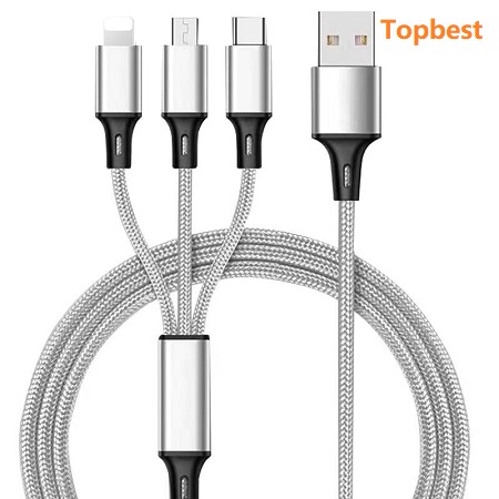 1.2M-2A 3in1 Charging cable ,Nylon braided material ,CE RoHS certificated ,USB to Type C+Lightning+Micro 3in 1.